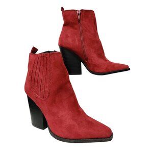 Qupid 7 Womens Ankle Boots Red Faux Suede Western Pointed Toe Block Heel Zip